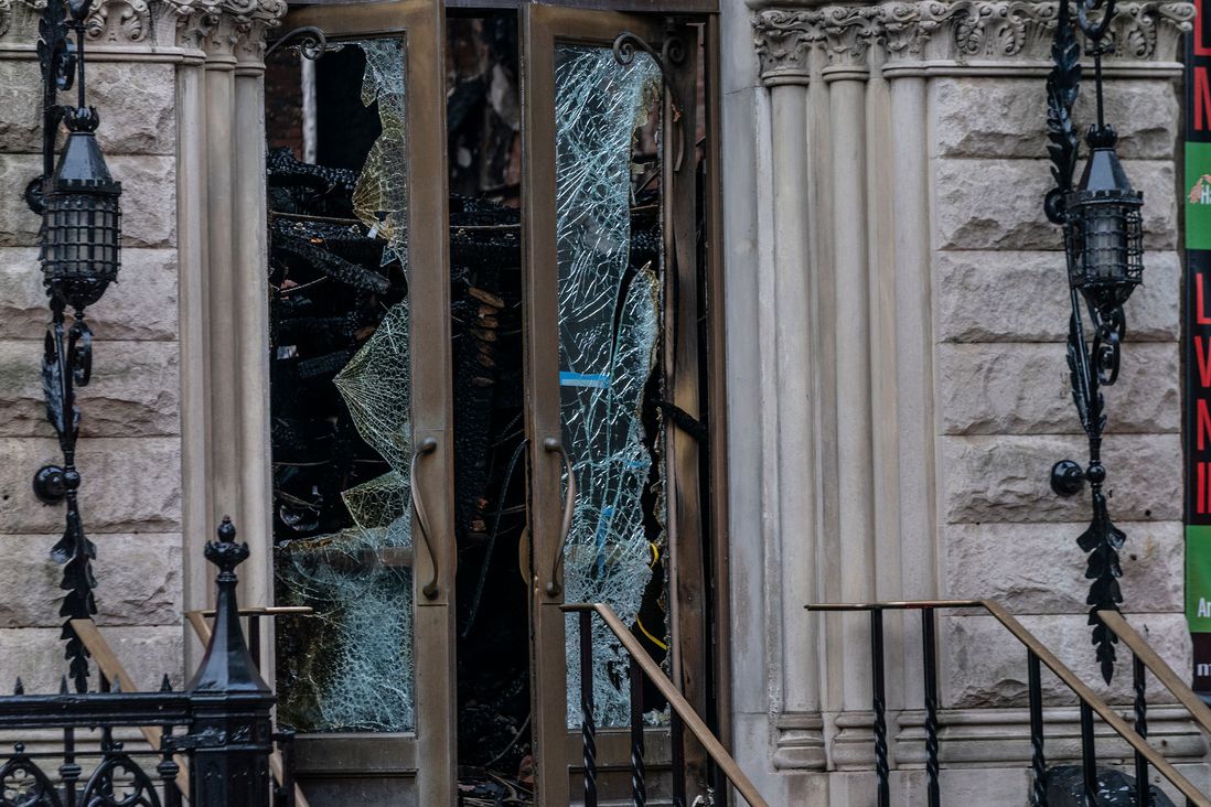 Front door of Historic East Village Middle Collegiate Church destroyed by fire on 2nd Avenue in Manhattan.